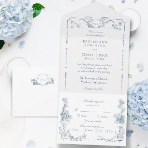 Floral francês azul-poeirento elegante
