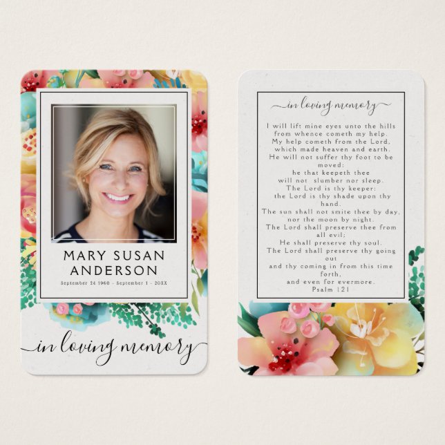 Floral Funeral Memorial Photo Prayer Card (Frente & Verso)