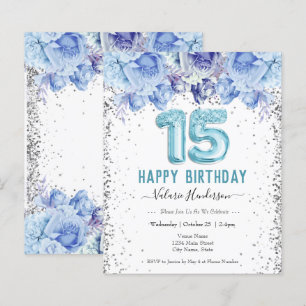 Floral Glitter Azul Claro 15 Feliz Aniversário