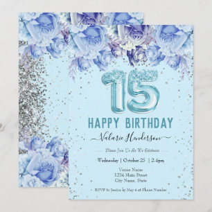 Floral Glitter Azul Claro 15 Feliz Aniversário