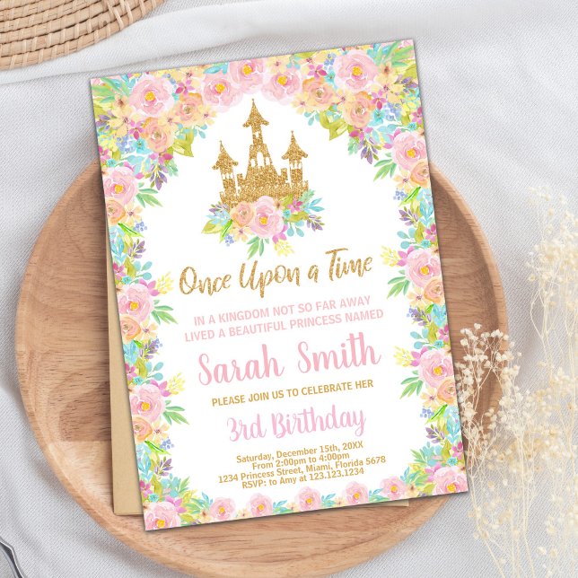 Floral Glitter Ouro Princesa Aniversário Convite (Floral Glitter Golden Princess Birthday Invitation)