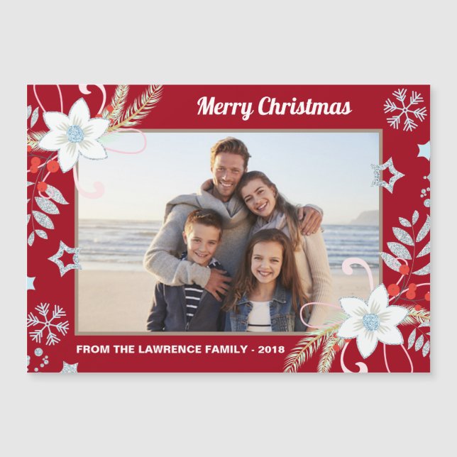 Floral Glitter Snowflakes Foto de Natal Vermelho (Frente)