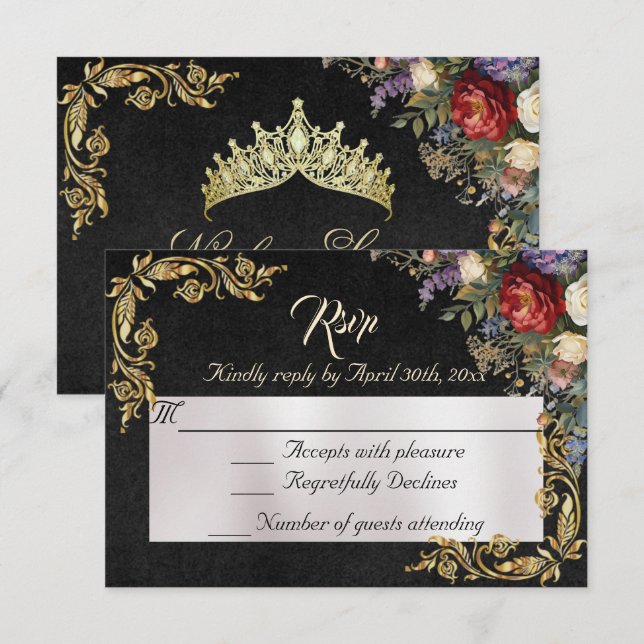 Floral & Gold Leaves - Black RSVP (Frente/Verso)