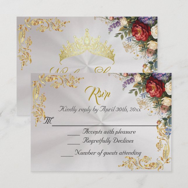 Floral & Gold Leaves - Pearl White RSVP (Frente/Verso)