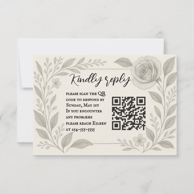 Floral Graphite QR Code Wedding RSVP Card (Frente)