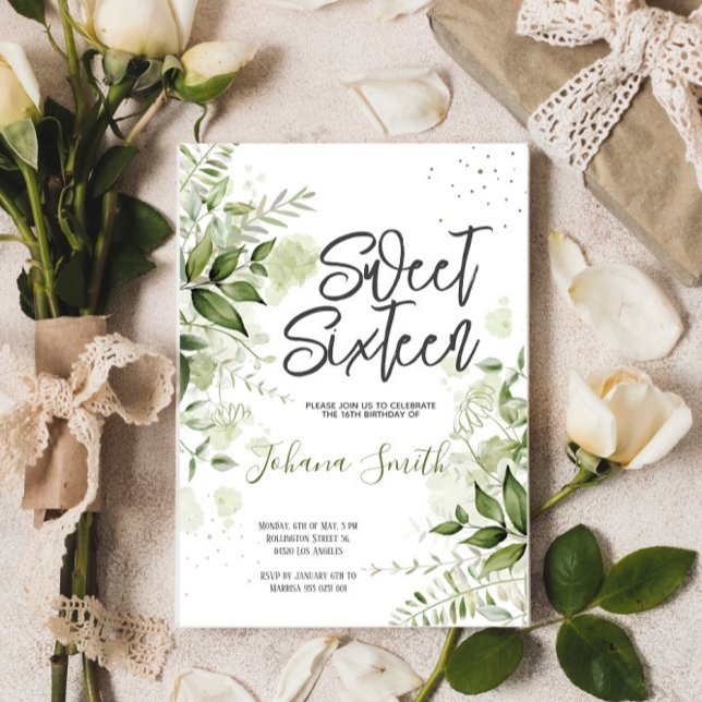 Floral Greenery Doce 16 Convite de Aniversário (Criador carregado)