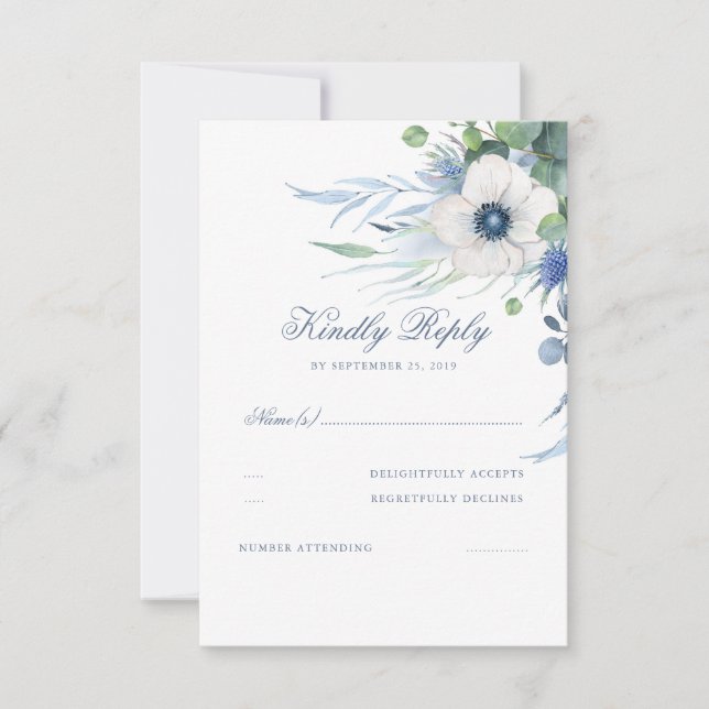 Floral Greenery Dusty Blue Wedding RSVP (Frente)
