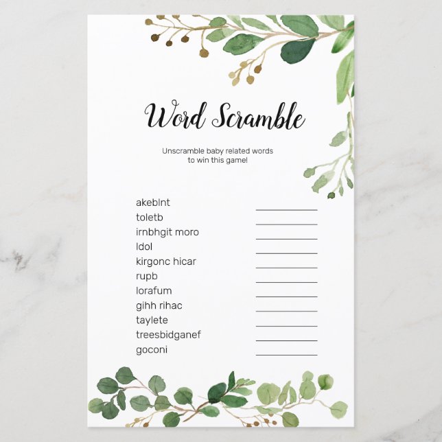 Floral Greenery Watercolor Jogo do Word Scramble (Frente)