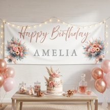 Floral Happy Birthday Personalized Party Banner Si