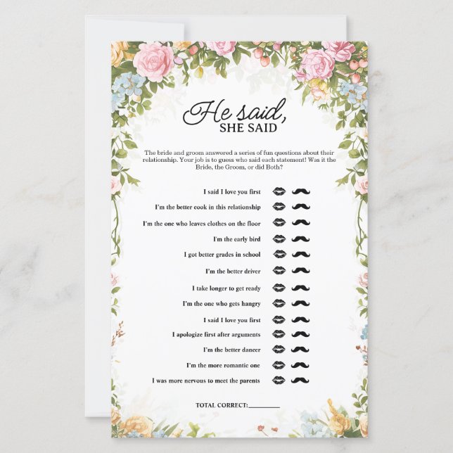 Floral He Said She Said Bridal Shower Game (Frente)