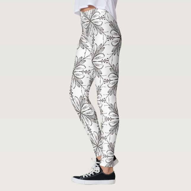 Floral Henna Mandala Black White Leggings (Esquerda)