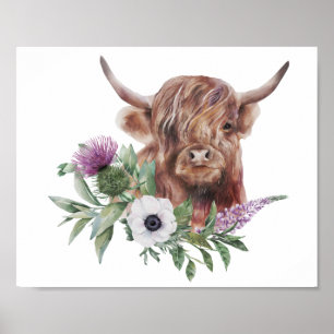 Floral Highland Cow Watercolor Impressão