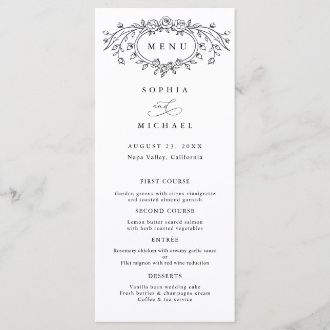 Floral Line Art Wedding Flat Menu (Frente)