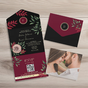 Floral Mal-humorada Casamento Preto Borgonha