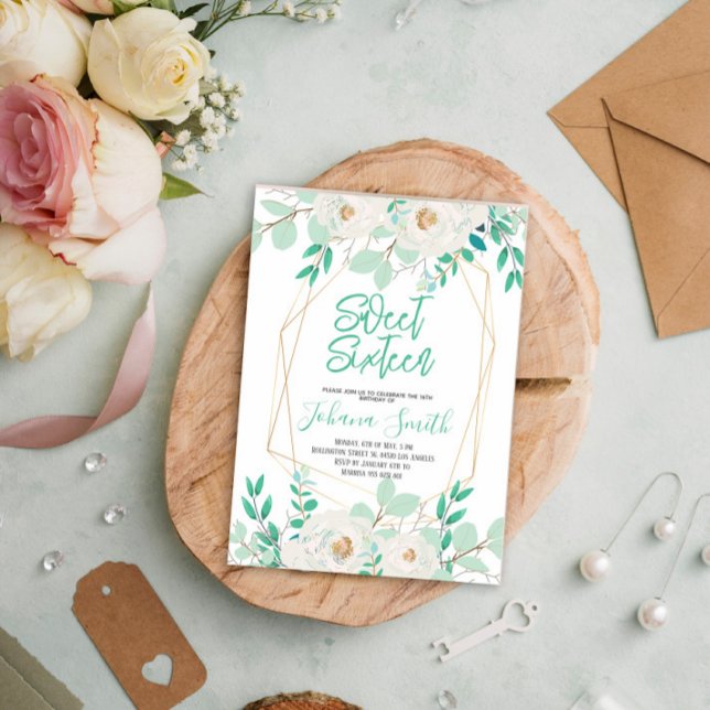 Floral Mint Blue Sweet 16 Convite de Aniversário (Criador carregado)