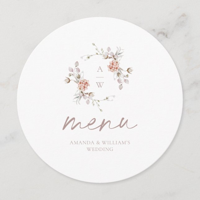 Floral Monogram Round Wedding Menu Card (Frente)