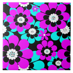 Floral Neon Patterno Roxo e Flores Turquesas