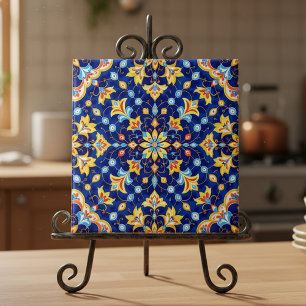 Floral Ornate Vibrante Azul Dourado Mediterrâneo