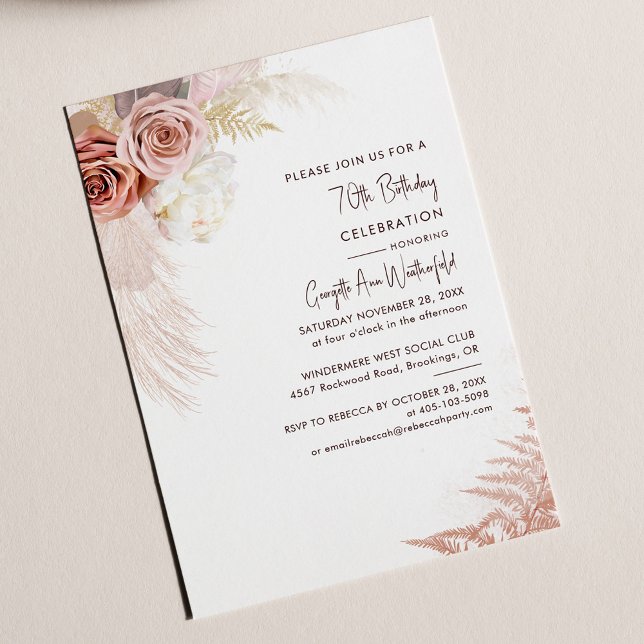 Floral Pampas Grass 70 Convite de Aniversário (Pampas Grass Script 70th Birthday Party Invitation)