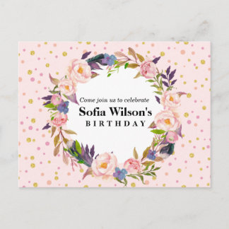 floral, peônia, convite postal de aniversário