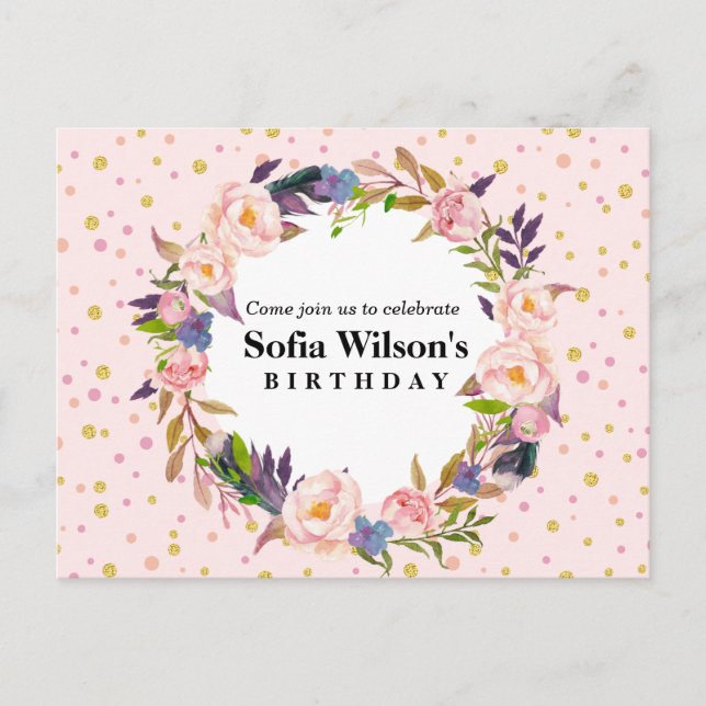 floral, peônia, convite postal de aniversário (Frente)