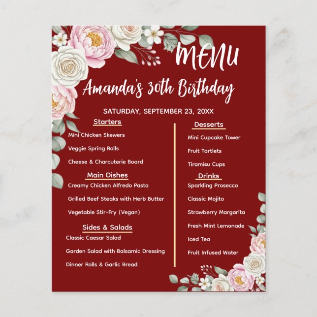 Floral Personalized Birthday Menu Program Card (Frente)