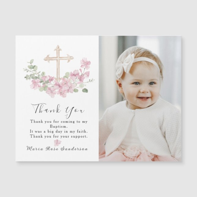 Floral Pink Baptism Cross Thank you Photo Magnet (Frente)
