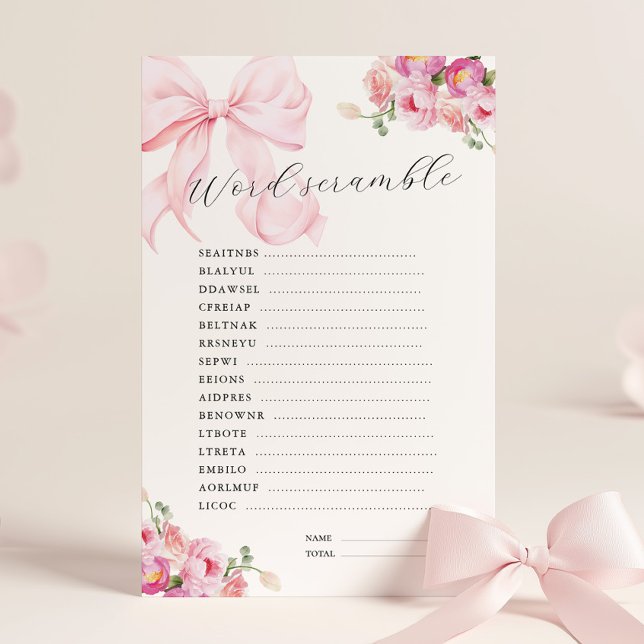 Floral Pink Bow Baby Shower Word Scramble (Criador carregado)
