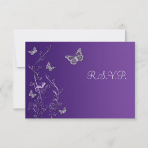 Floral prateado roxo com placa RSVP de borboletas