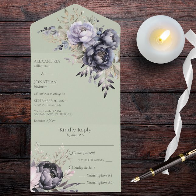 Floral Preto e Lavanda em Verde Sage (Also available with QR code. )