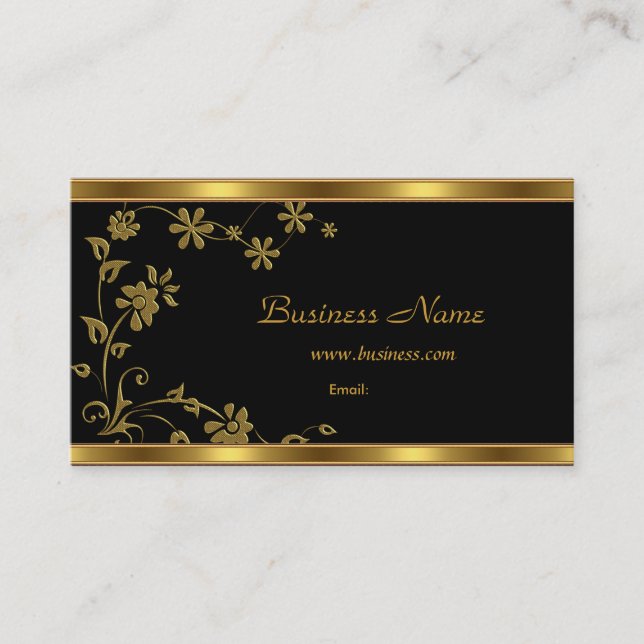 Floral Preto-Elegante cartão de visita Dourado (Frente)