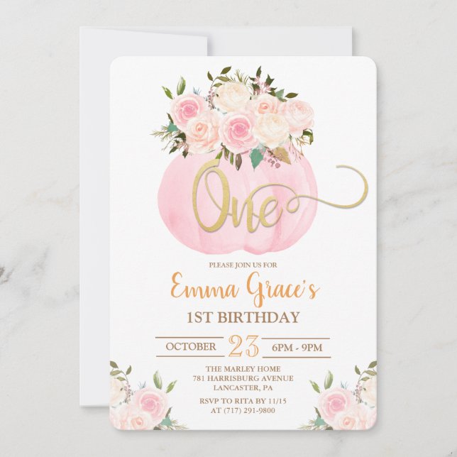 Floral Pumpkin Primeiro Convite de Aniversário (Frente)