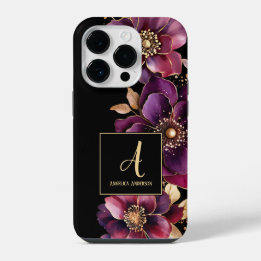 Floral Puro do Monograma Personalizado Preto
