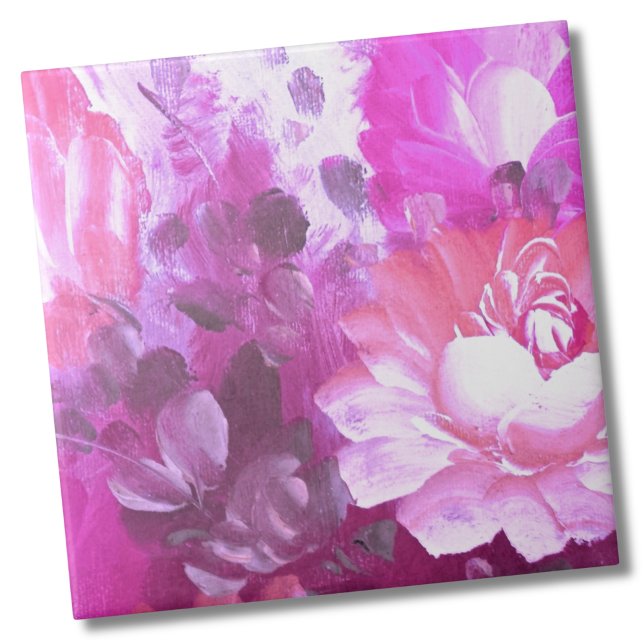 Floral Puro Rosa (Whimsical Purple Pink Botanical Painted Floral Ceramic Tile)