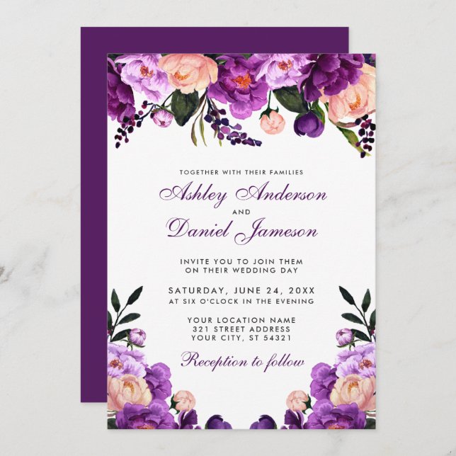 Floral Puro Ultra Violeta | Convite Para Casamento (Frente/Verso)