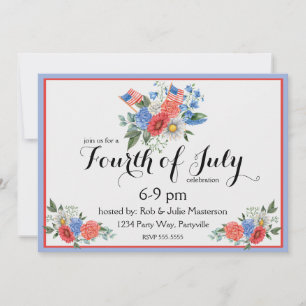 Floral Red White e Azul 4 de julho Convite