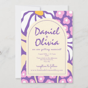 Floral Retro Roxo com Convite de Casamento QR