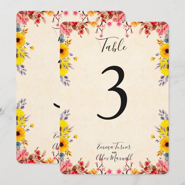 Floral Romântico | Cartões de número da mesa (Frente/Verso)