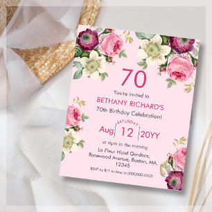 Floral Rosa Convite de Aniversário para 70 Orçam