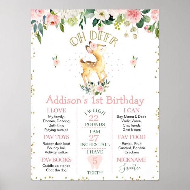 Floral rosa Oh Deer Birthday Poster (Frente)