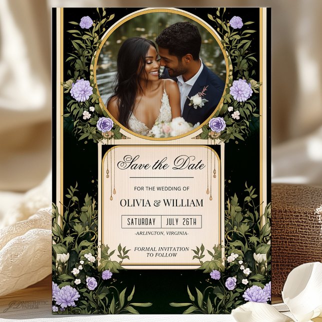 Floral Roxo Salve a Data com Convite Fotográfico (Criador carregado)