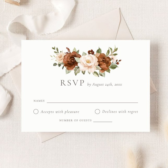 Floral Rust Peach Greenery Boho RSVP Cartão (Criador carregado)