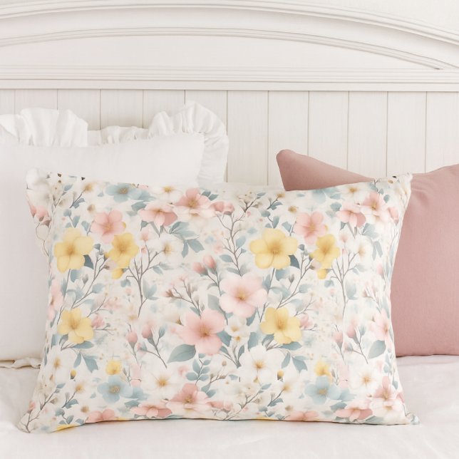 Floral Spring Meadow Pink Yellow  (This charming pillowcase brings a touch of cottage-style elegance to your spring and summer bedroom.)
