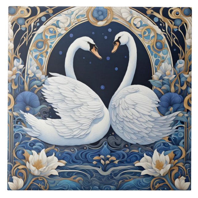 Floral Swans Art Nouveau Bird Art Deco Blue (Frente)