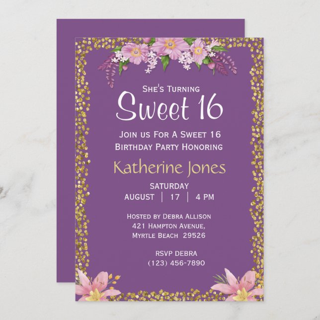 Floral Sweet 16 Convites de aniversário (Frente/Verso)