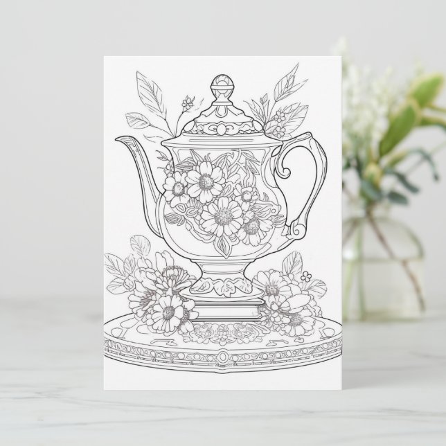 Floral Teapot | Colore Sua Própria Saudação (Em pé/Frente)