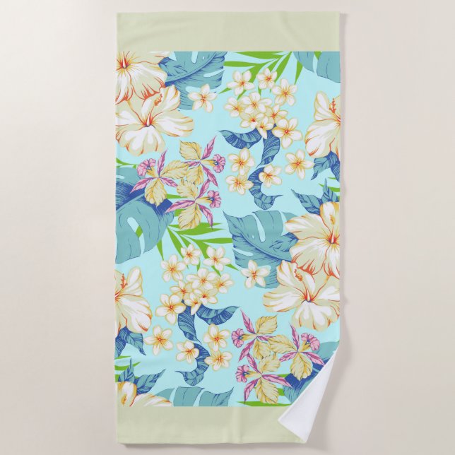 Floral tropical com uma toalha de praia verde (Frente)