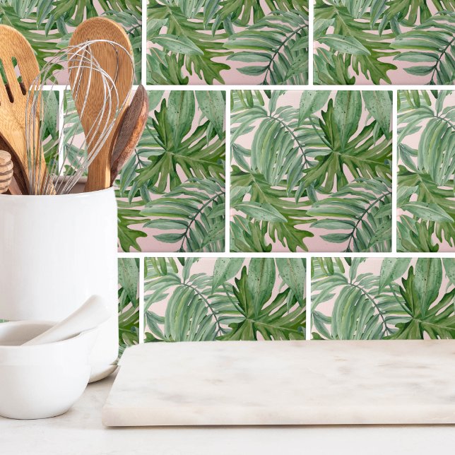 Floral Tropical de Folha Rosa Simples Folha de Pal (Trendy Tropical Pink Paradise Palm Leaves Pattern Ceramic Tile)