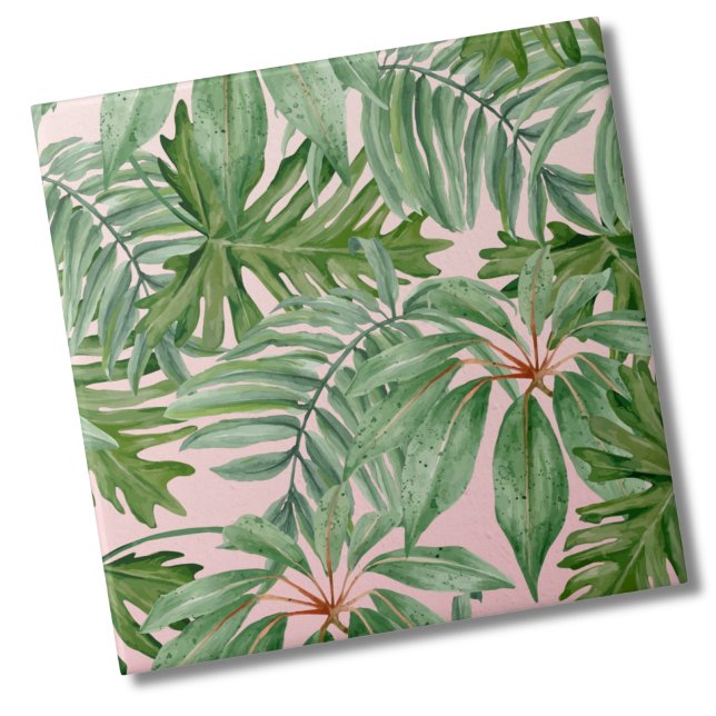 Floral Tropical de Folha Rosa Simples Folha de Pal (Chic Trendy Stylish Tropical Floral Pink Palm Leaf ceramic tile)