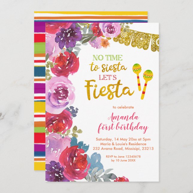 Floral Vamos Fiesta Primeiro Convite de Aniversári (Frente/Verso)